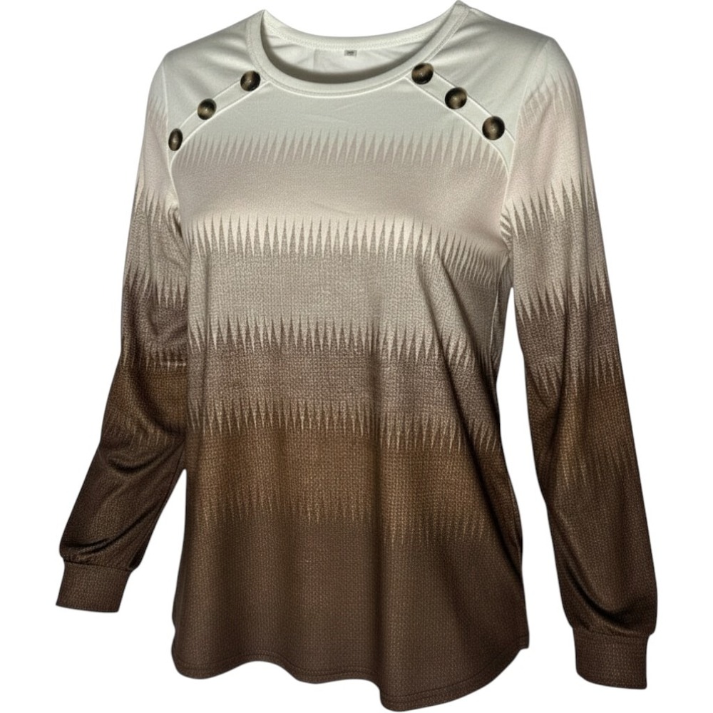 Brown Ombre Long Sleeve Button Accent Blouse XXL Geometric Print Top